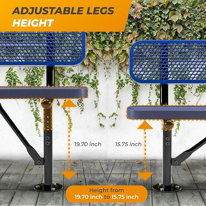 Heavy-Duty Outdoor Metal Bench, Thermoplastic-Coated, Surface, Weatherproof, Commercial-Grade for Parks, Gardens, Patios, Stores & More (8 Ft - Surface with Back, Blue)