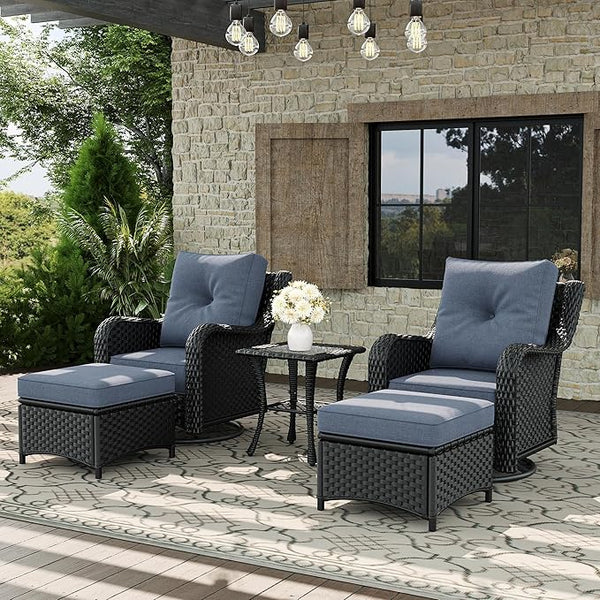 5 Piece Patio Furniture Set, All-Weather Wicker Outdoor Conversation Set with Swivel Rocking Chair and 6 Inch Thick - Photo 1