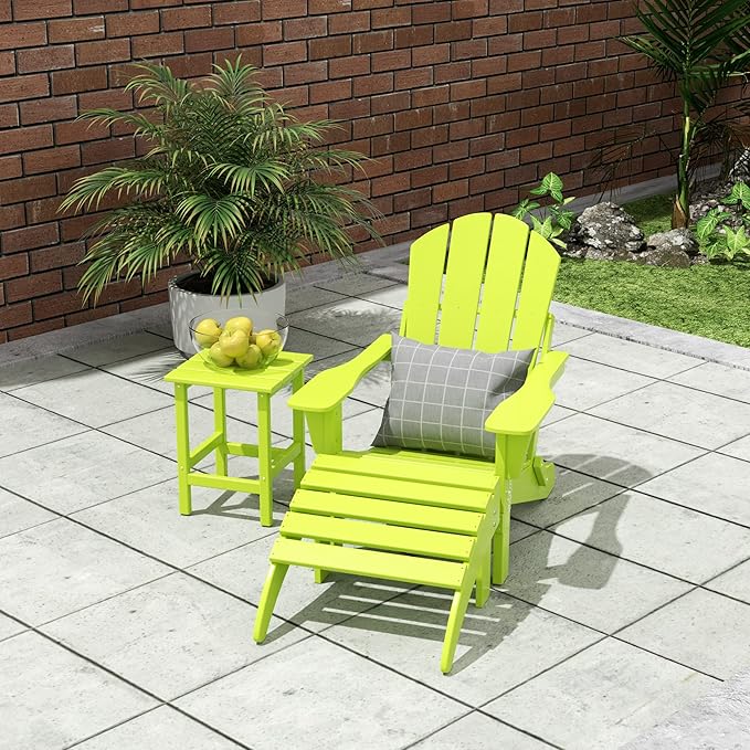 WO Home Furniture 3pc Set - HDPE Poly Adirondack Chair with Ottoman/Footrest and Square Side Table, All Weather and UV Resistant for Outdoor Patio Backyard, Garden, Lime