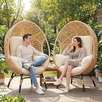 Oversized Wicker Egg Chair, Outdoor Indoor Rattan Patio Egg Lounge Chairs with Cushion 500lbs Capacity for Living Room, Balcony, Backyard (2 PCS, Beige-Grid)