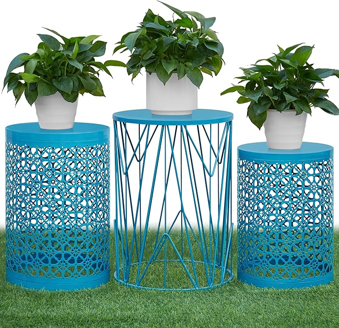 Y&M Set of 3 Blue Round Nesting Tables, Multifunctional Coffee Table End Table, Side Table for Indoor - Photo 1