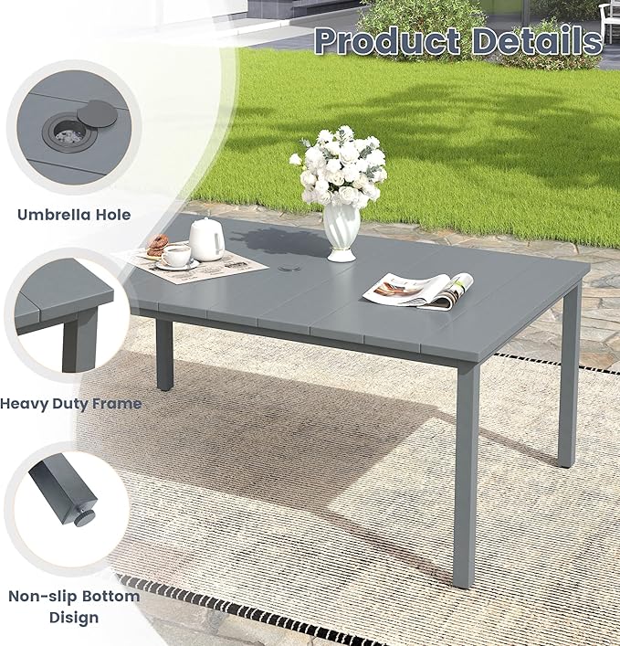 VICLLAX Outdoor Patio Dining Table for 6, 63" Rectangle Dining Table with Umbrella Hole for Porch, Backyard, Garden, Deck, Dark Grey