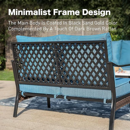 Metal Patio Furniture Loveseat with 5.75" Extra Thick Waterproof Cushion, 2-Seat Deep Seating & High-Back Black Outdoor Couch All Weather Outdoor Seating for Gazebo Porch, Peacock blue