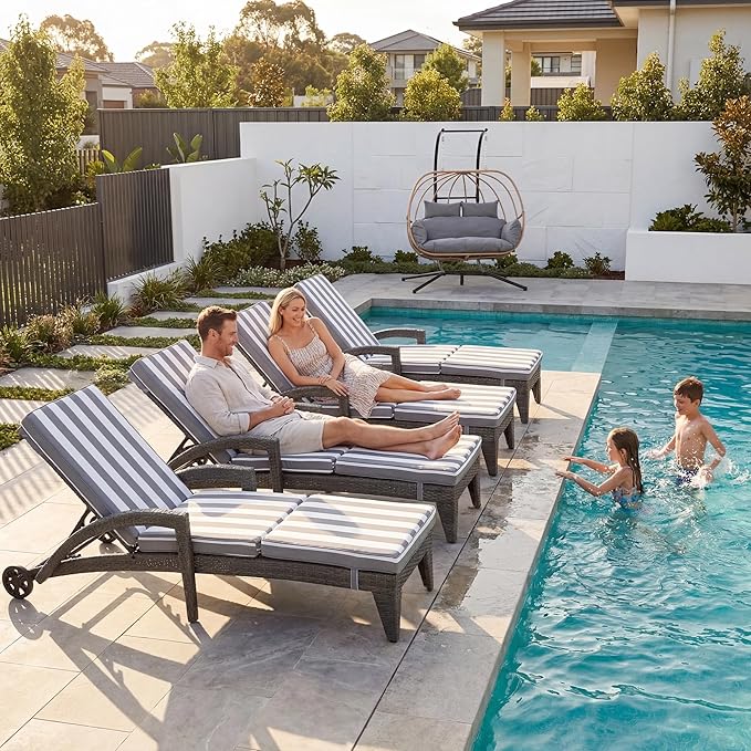 Chaise Lounge Chairs Set of 6, Upholstered 5-Positions Adjustable Pool Loungers, 80" Long Wicker Outdoor Lounge Chairs, Patio Chaise Lounges with Wheels for Sunbathing/Deck/Yard, Khaki
