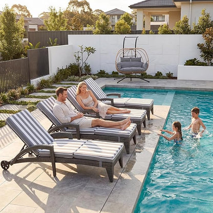 Chaise Lounge Chairs Set of 6, Upholstered 5-Positions Adjustable Pool Loungers, 80" Long Wicker Outdoor Lounge Chairs, Patio Chaise Lounges with Wheels for Sunbathing/Deck/Yard, Khaki
