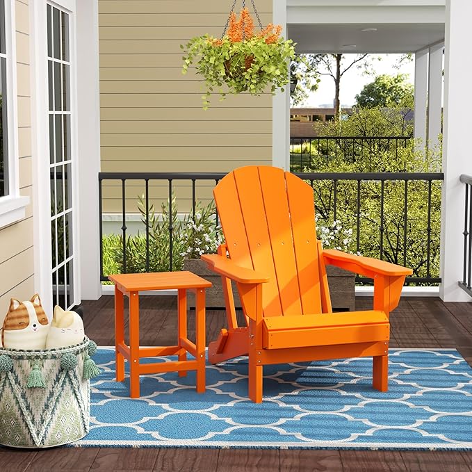 WestinTrends Malibu 2-Pieces Adirondack Chair Set with Side Table, All Weather Outdoor Seating Plastic Patio Lawn Chair Folding for Outside Porch Deck Backyard, Orange