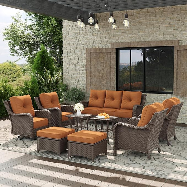 9 Piece Patio Furniture Set, All-Weather Wicker Outdoor Conversation Set with Swivel Rocking Chair and 6 Inch Thick - Photo 1