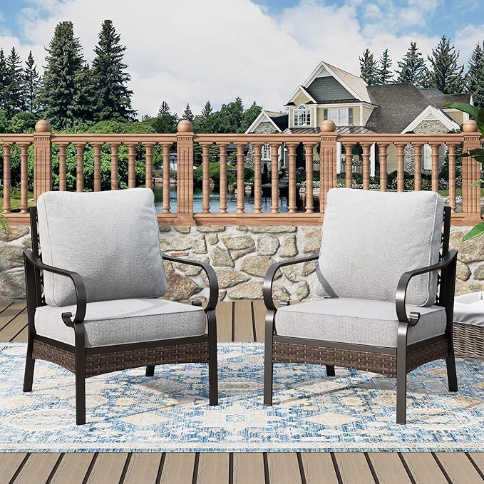Outdoor Patio Leg Sofa Chairs Set of 2 Steel Frame Porch Furniture with Deep Seating and 5.75" Cushions for Lawn Backyard Deck, Light Grey