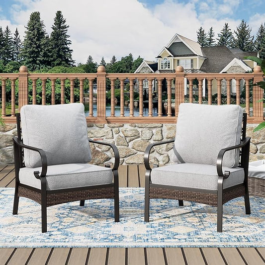 Outdoor Patio Leg Sofa Chairs Set of 2 Steel Frame Porch Furniture with Deep Seating and 5.75" Cushions for Lawn Backyard Deck, Light Grey