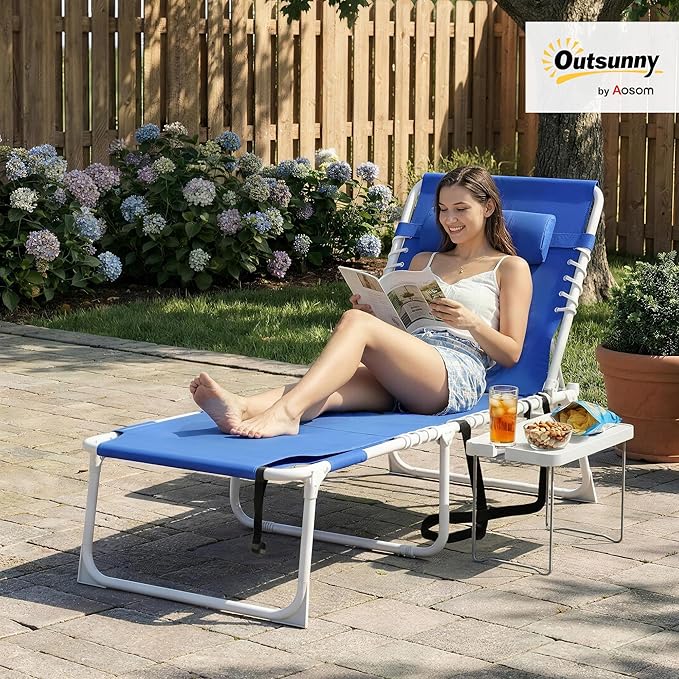 Outsunny Tanning Chair with Face Hole, Side Table, 5-Position Reclining Folding Chaise Lounge Chair Outdoor Lounger Recliner, Carry Straps for Beach Pool Camp, Breathable Mesh, Navy Blue