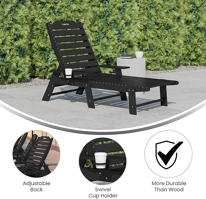 Flash Furniture Monterey Adjustable Adirondack Lounger with Cup Holder- All-Weather Indoor/Outdoor HDPE Lounge Chair, Black