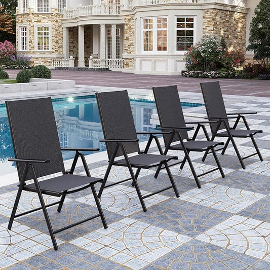 PHI VILLA Patio Folding Chairs Set of 4, Portable Outdoor Dining Chairs with Adjustable Backrest for Outside, Garden, Lawn & Yard, No Assembly, Black