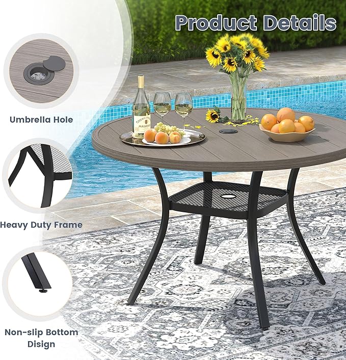 VICLLAX Round Patio Dining Table for 4-6, Outdoor Metal Dining Table with Umbrella Hole for Deck Lawn Garden Backyard, 47.2" Grey