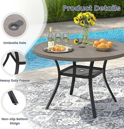 VICLLAX Round Patio Dining Table for 4-6, Outdoor Metal Dining Table with Umbrella Hole for Deck Lawn Garden Backyard, 47.2" Grey