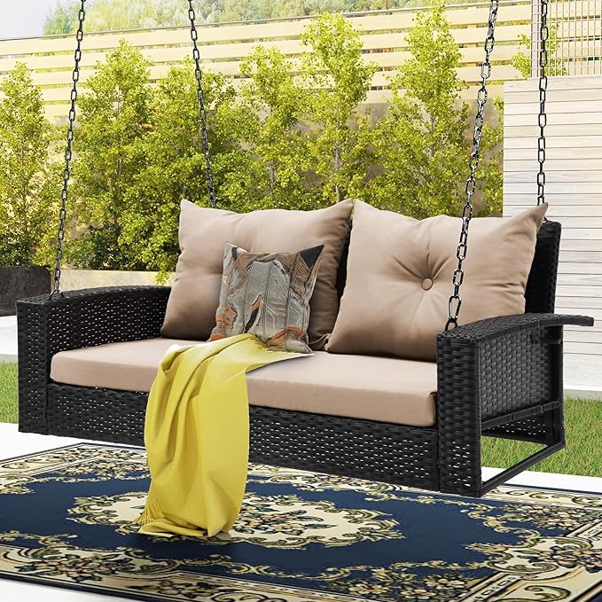 DWVO Hanging Porch Swing Chair Outdoor Wicker Rattan Patio Swing Lounge 2 Seats Cushions Capacity 530lbs for Balcony - Photo 6