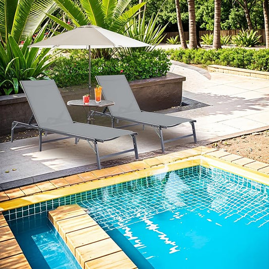Lounge Chair Outdoor, Pool Lounge Chairs Foldable, Patio Lounge Chairs for Outside, Assemble-Free with Adjustable Backrest, Heavy-Duty Folding Patio Chair for Beach, Backyard & Camping, Grey