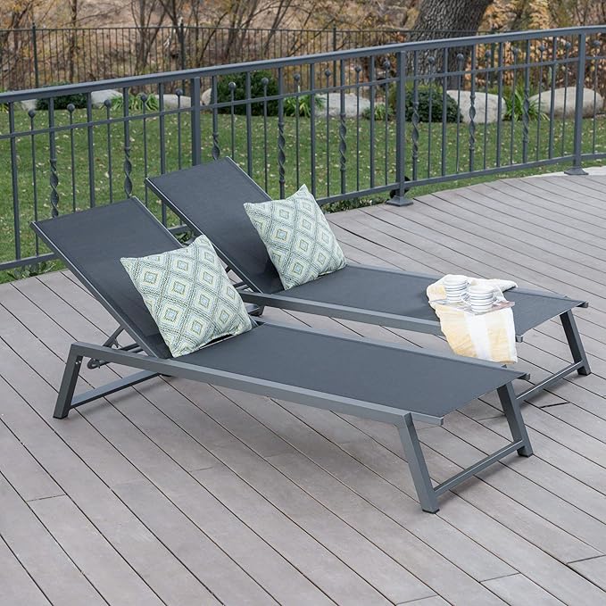Christopher Knight Home Myers Outdoor Mesh Chaise Lounges with Aluminum Frame, 2-Pcs Set, Black Mesh / Grey - Photo 2