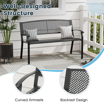 Outdoor Bench, 50 inches Metal Garden Bench, Cast Iron Steel Frame Patio Chairs w/Oval Pattern Backrest for Park, Yard, Porch, Lawn, Balcony, Backyard, Black