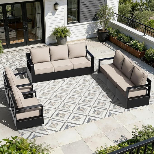 Outdoor Aluminum Furniture Set, 4-Piece Patio Conversation Set, 2 Swivel Chairs and 2 Sofa, All-Weather Metal Frame, 6" Thick Removable Cushions, Deep Setting for Garden, Poolside and Porch