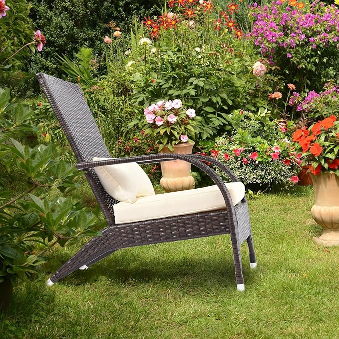 Adirondack Chairs Set 2 Outdoor Wicker Rattan Fire Pit Chairs Oversized Comfy Relax Accent Patio Chairs with Soft Cushion Low Deep Seating Tall Curved Backrest for Outside Backyard Deck Porch Cream