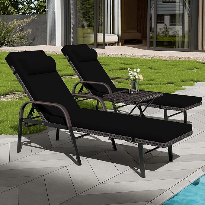 Patio Chaise Lounge Set 3 Pieces Outdoor Lounge Chair with Rattan Adjustable Backrest Armrest and Folding Table for - Photo 8