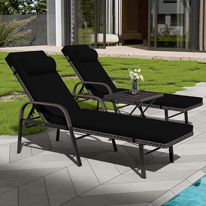 Patio Chaise Lounge Set 3 Pieces Outdoor Lounge Chair with Rattan Adjustable Backrest Armrest and Folding Table for Beach Patio,Sand, for Poolside Backyard Porch