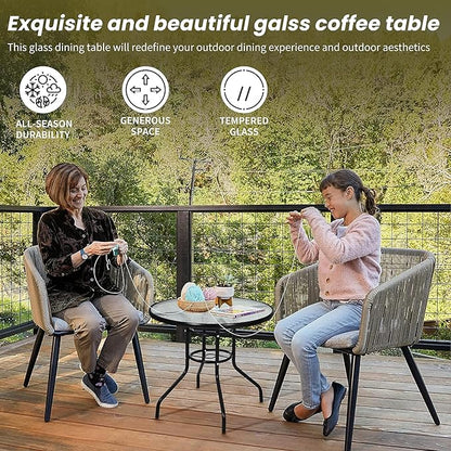 BSTOPHKL 32" Outdoor Patio Table with Umbrella Hole Round Outdoor Coffee Table Tempered Glass Top, All Weather Dining Table Bistro Table Suitable for Backyards, Balconies, Gardens and Lawns (Round)