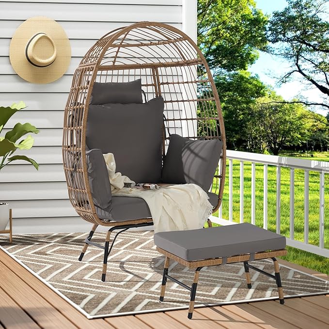 Oversized Wicker Egg Chair with Ottoman, Rattan Patio Egg Chair with Stand and Thick Cushions, Indoor Outdoor Lounge Chair for Backyard, Balcony, Living Room, Dark Gray＋Ottoman