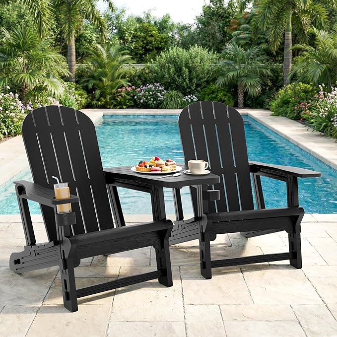 Shintenchi Adirondack Chairs Set of 2,HDPE Adirondack Chairs w/Removable Tablelop & Umbrella Hole,All-Weather Wooden Textured Plastic Outdoor Chairs w/Cup Holders for Garden Backyard Pool,Black