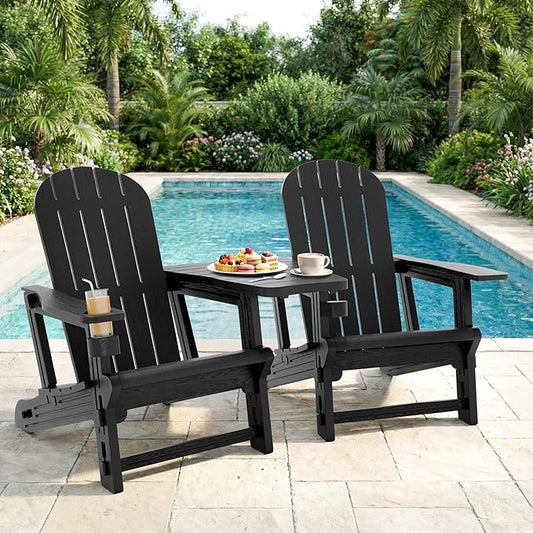 Shintenchi Adirondack Chairs Set of 2,HDPE Adirondack Chairs w/Removable Tablelop & Umbrella Hole,All-Weather Wooden Textured Plastic Outdoor Chairs w/Cup Holders for Garden Backyard Pool,Black