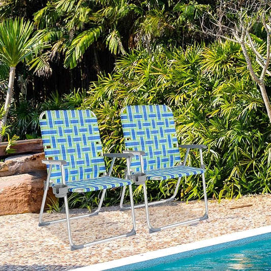 VINGLI Folding Aluminum Webbed Oversized Lawn Chairs with Detachable Cup Holder, 300LBS High Beach Chair for Adults Heavy Duty, Portable Patio Chair for Yard, Garden, 2 Pack,Blue/Green