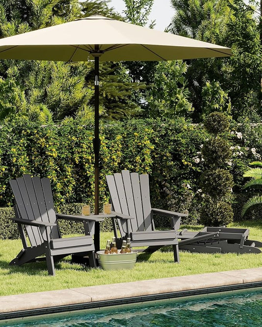 GREENVINES Folding-Adirondack-Chairs-Set-of-2 | HDPE Plastic | Throne Series | Fire Pit Chair | with Connecting Tray | Removable Table | All Weather | for Outdoor Patio Deck Poolside | Grey