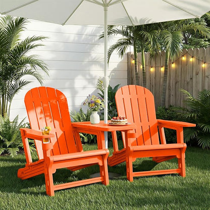JY QAQA Outdoor Adirondack Chair Set of 2, All-Weather HDPE Patio Furniture with Detachable Table, Wood Texture & Cup Holder for Patio, Poolside, Garden, Orange