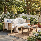 Merax Patio Acacia Wood PE Wicker 3-Seater Sofa with Waterproof Detachable Cushion, Outdoor Furniture - Photo 6