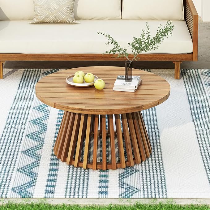 Merax Outdoor Acacia Wood Conversation Set - Patio 3-Seat Loveseat Sofa w/Coushion and Round Coffee Table for Backyard - Photo 3