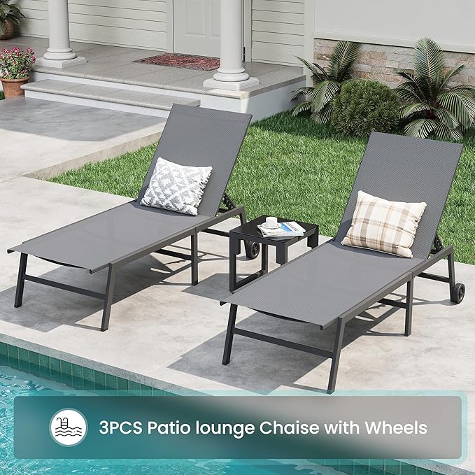 Amopatio 3 Piece Patio Lounge Chairs Set 2 Pool Chaise Lounges with Wheels and 1 Side Table 5-Position Adjustable Lounge Furniture with Heavy-Duty Steel for Backyard Poolside,400 LBS Capacity,Gray
