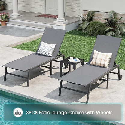Amopatio 3 Piece Patio Lounge Chairs Set 2 Pool Chaise Lounges with Wheels and 1 Side Table 5-Position Adjustable Lounge Furniture with Heavy-Duty Steel for Backyard Poolside,400 LBS Capacity,Gray