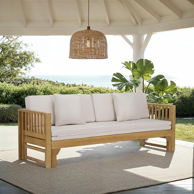SAFAVIEH Outdoor Patio Furniture Collection - Napoli Oak Brown & Cream Solid Wood Bench Convertible Daybed with Cushions, Versatile Patio Seating (PAT6805B)