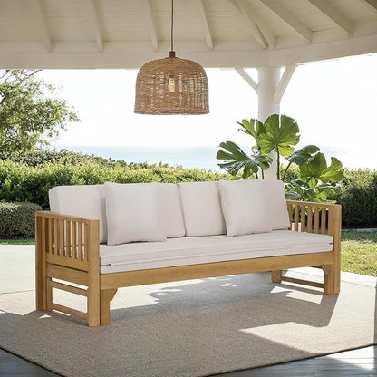 SAFAVIEH Outdoor Patio Furniture Collection - Napoli Oak Brown & Cream Solid Wood Bench Convertible Daybed with Cushions, Versatile Patio Seating (PAT6805B)