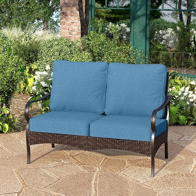 PHI VILLA Wicker & Metal Outdoor 2-Seat Patio Couch, Patio Sofa Loveseat with Deep Seating for Front Porch, Deck - Photo 1