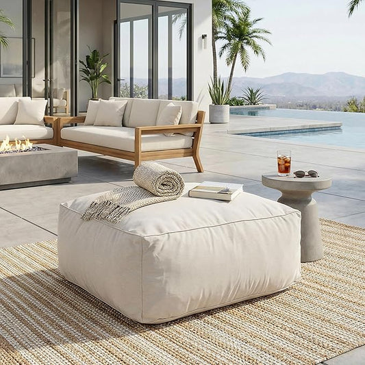 Christopher Knight Home Teriu Outdoor Bean Bag Chair with Shredded Foam, Modern Bean Bag Chairs for Adults and Kids, Indoor/Outdoor Ottoman Pouf, All Weather Lounge Chair Outdoor, Beige
