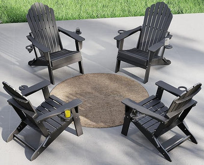 Plawdlik Folding Adirondack Chair Set of 4-with Two Cup Holder,Widened Heavy All-Weather HDPE,SGS Tested,Wooden Textured, Ourdoor Patio Chairs,Black