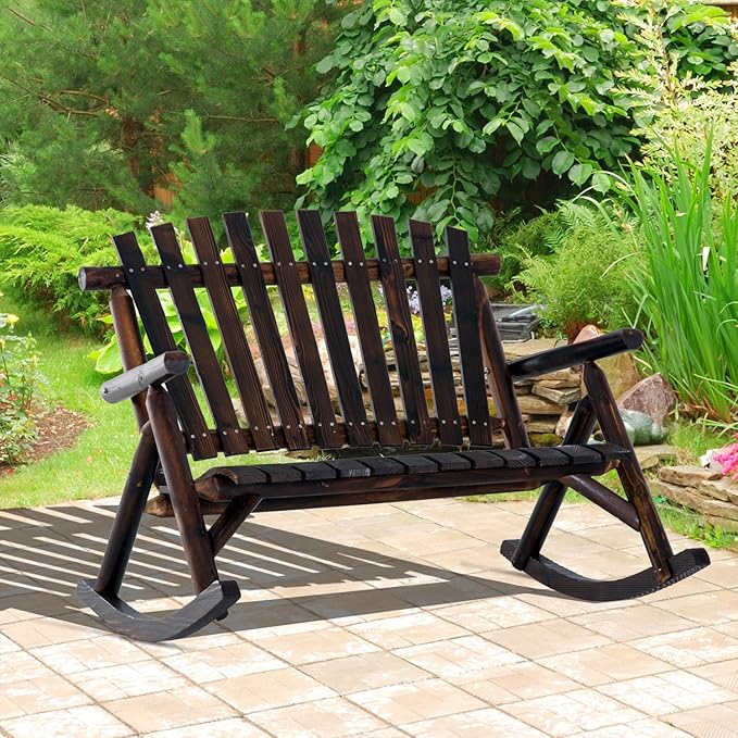 Outsunny Outdoor Wooden Rocking Chair, Double-Person Rustic Adirondack Rocker with Slatted Seat, High Backrest, Armrests for Patio, Garden and Porch, Carbonized
