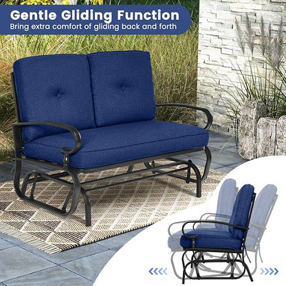 Tangkula Outdoor Swing Glider Chair, Patio Glider Bench for 2 Persons, Outdoor Rocking Loveseat with Steel Frame & Comfortable Cushions for Garden, Porch, Balcony, Poolside (Navy Blue)