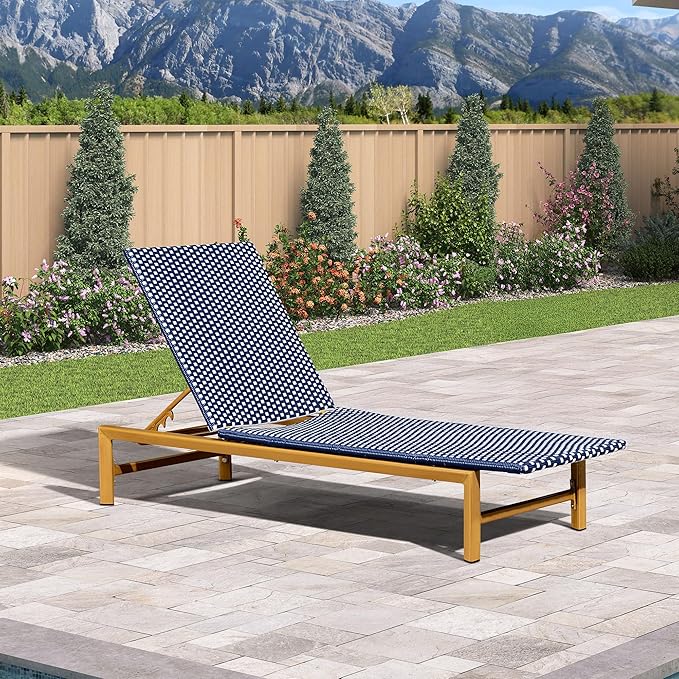 PURPLE LEAF Patio Chaise Lounge French Outdoor Lounger 1 Piece Wood-Grain Finish Aluminum Wicker Lounge Chair with Adjustable Backrest for Pool Garden Beach and Backyard White and Navy