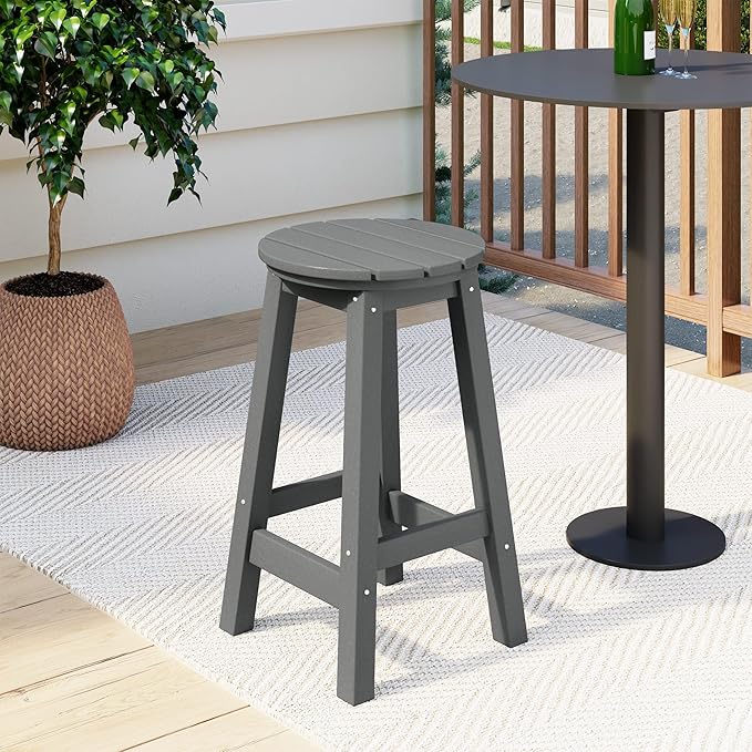 Costaelm 24" Height Outdoor Bar Stools, All-Weather Bar Stools, Adirondack Poly Patio Round Bar Stool for Patio, Deck, Kitchen Counter and Garden, Gray