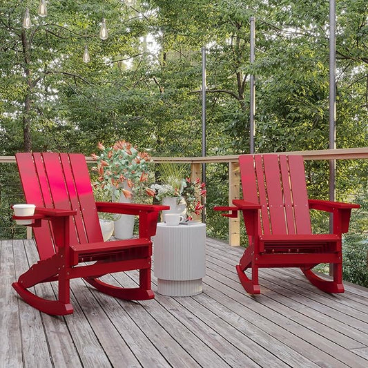 Flash Furniture Halifax Adirondack Rocking Chairs with Cup Holder, Weather Resistant Poly Resin Adirondack Rocking Chairs, Set of 2, Red
