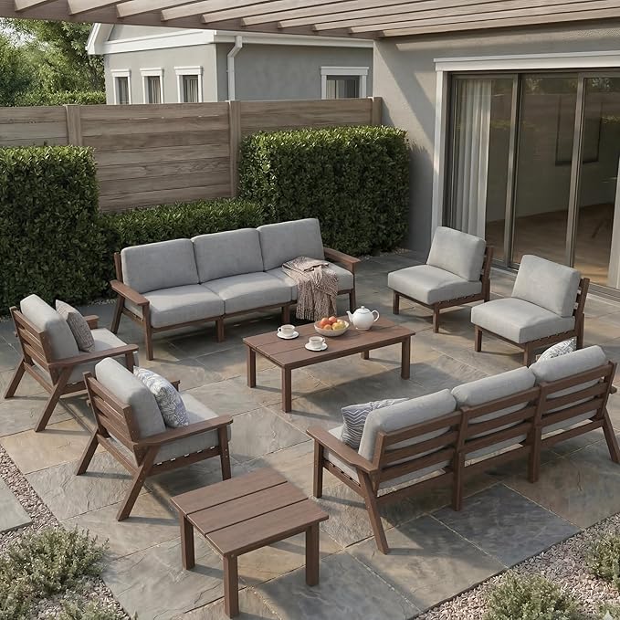 HDPE Patio Furniture Set 10 Seats, Outdoor Couch with Washable Thick Grey Cushions & Coffee Table & Side Table, Outdoor Sectional Furniture for Backyard, Deck, Lawn, Porch (Brown Frame)
