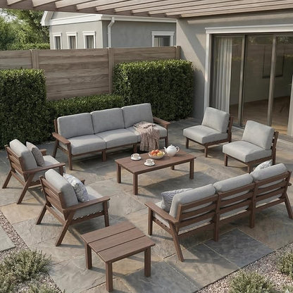 HDPE Patio Furniture Set 10 Seats, Outdoor Couch with Washable Thick Grey Cushions & Coffee Table & Side Table, Outdoor Sectional Furniture for Backyard, Deck, Lawn, Porch (Brown Frame)