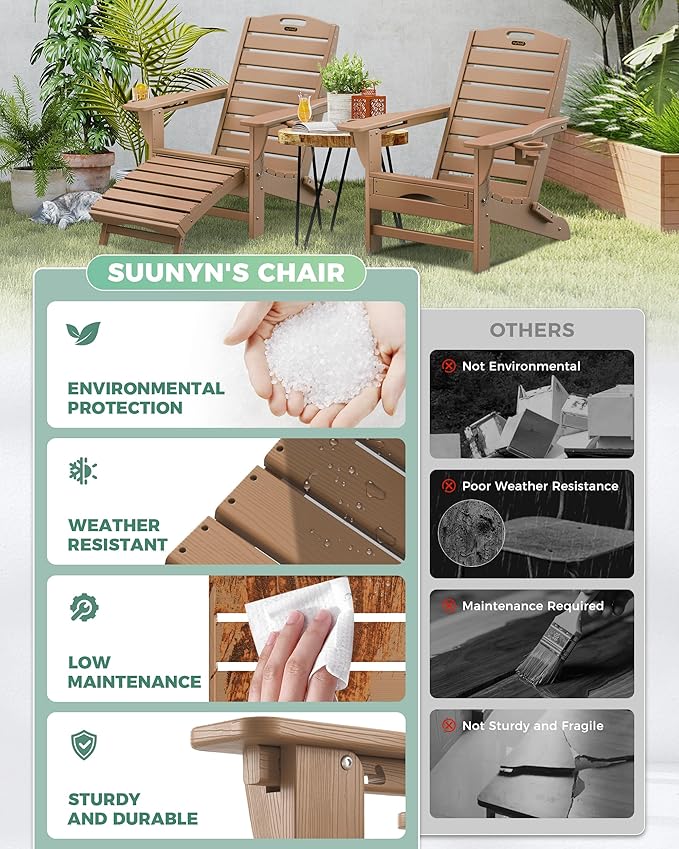 Folding Adirondack Chair with Retractable Ottoman Weather Resistant Fire Pit Chair Patio Chair with 2 Cup Holder Lawn Outdoor Lounge Chair (Teak)